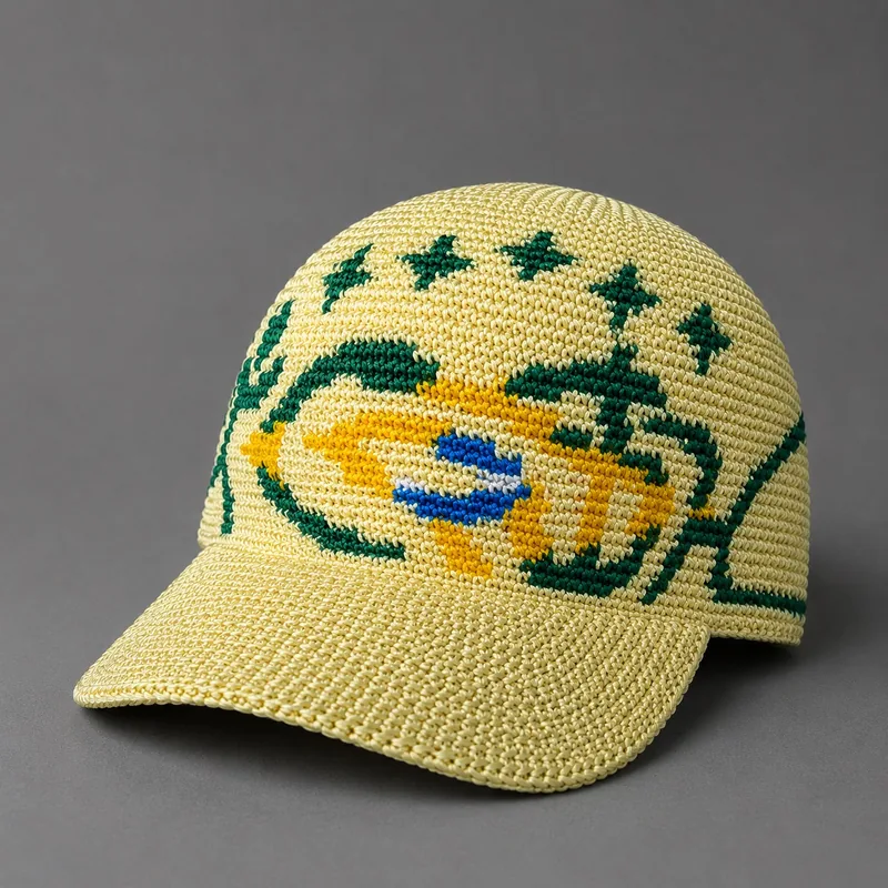Boné Brasil de crochê amarelo, coleção Copa do Mundo