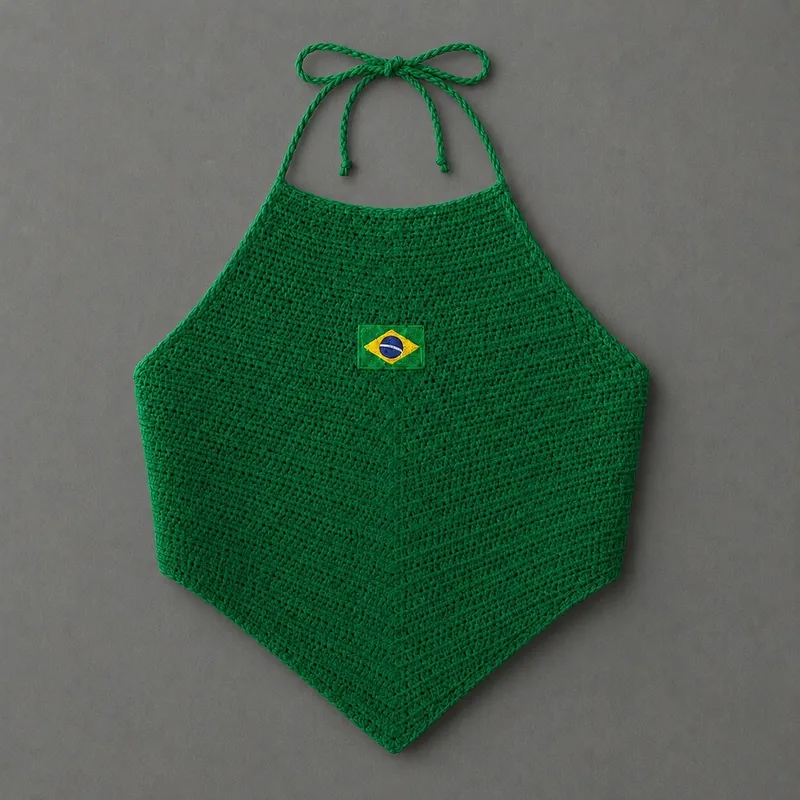 Cropped Brasil de crochê verde com patch da bandeira, coleção Copa do Mundo